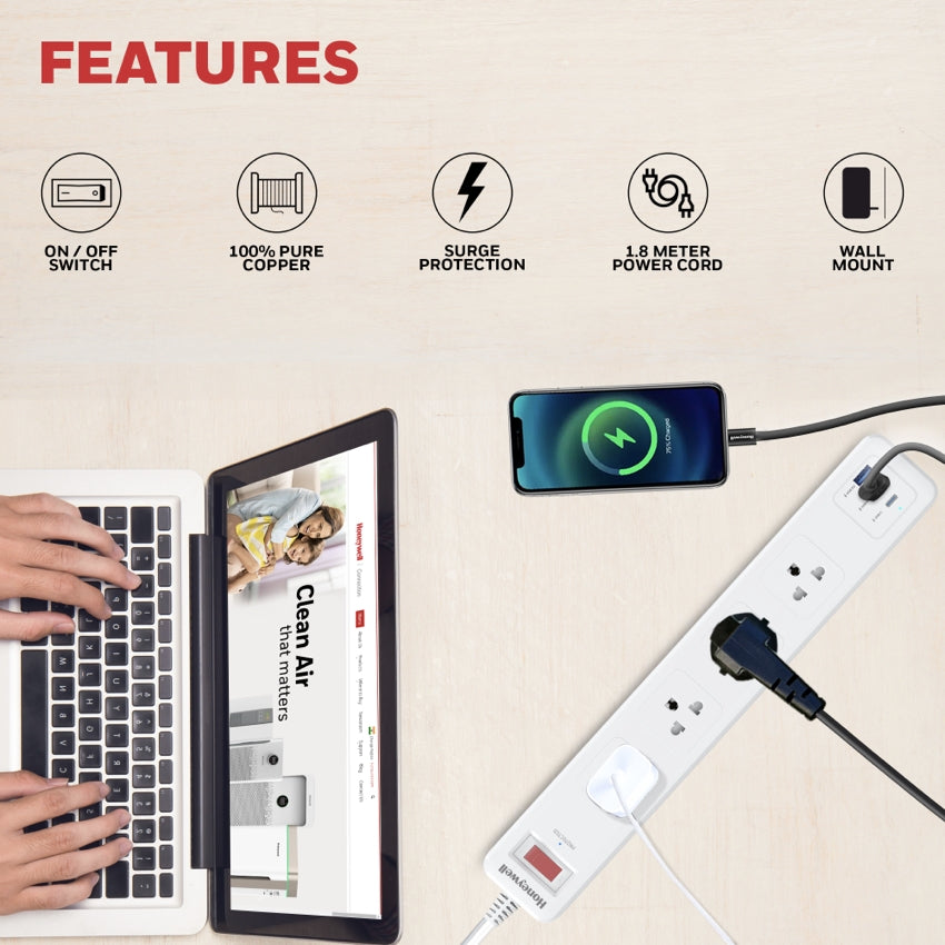 รางปลั๊กไฟ Honeywell Surge Protector 4 ช่อง พอร์ต USB-C x 1 และ USB-A x 2